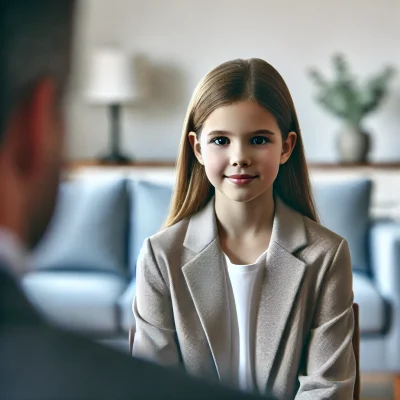 DALL·E 2025-03-09 21.06.12 - A completely realistic photograph of a young girl, around 8 years old, sitting confidently in a language assessment session. She is seated in a relaxe